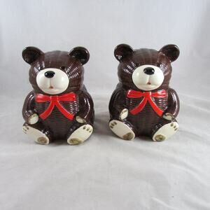 OMC Japan Ceramic Bear Bookends Textured Ribbed Red Bow Accents 6" Vintage 1970s